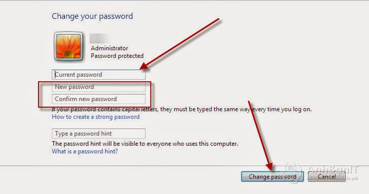 Nhập vào ô trống các thông tin mật khẩu sau đó chọn Change password