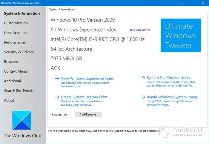 Giao diện phần mềm Ultimate Windows Tweaker 4
